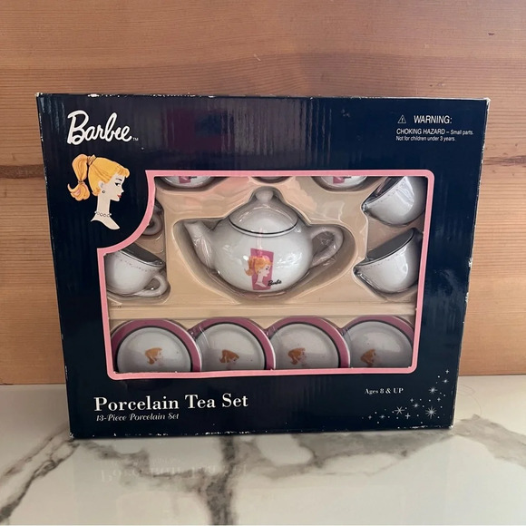 Barbie Porcelain Tea Set, white with pink rims and Barbie Face New in Box - Picture 1 of 2